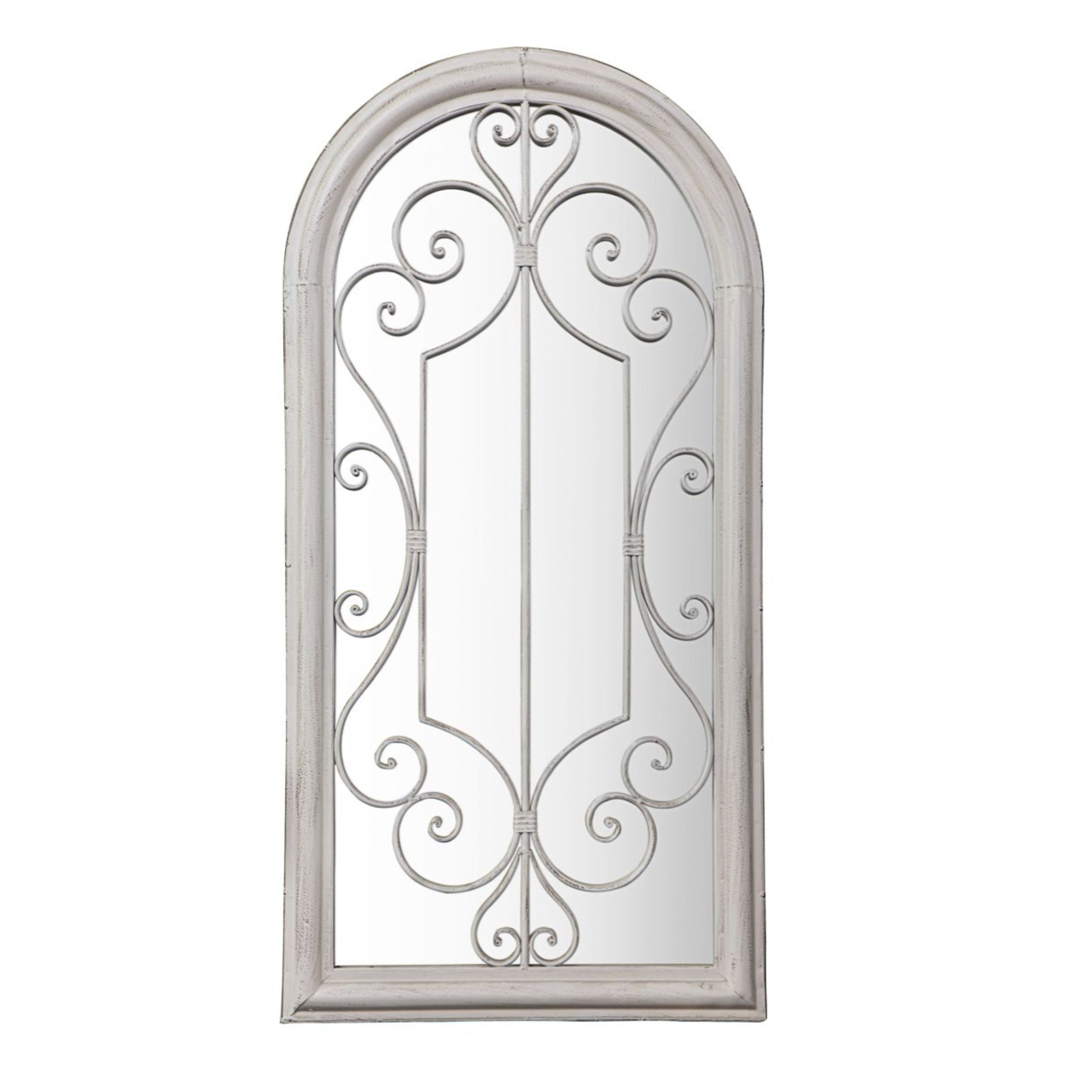 Distressed White Arched Scroll Garden Wall Mirror 1