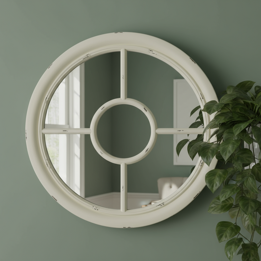 Round decorative mirror with a white frame on a green wall