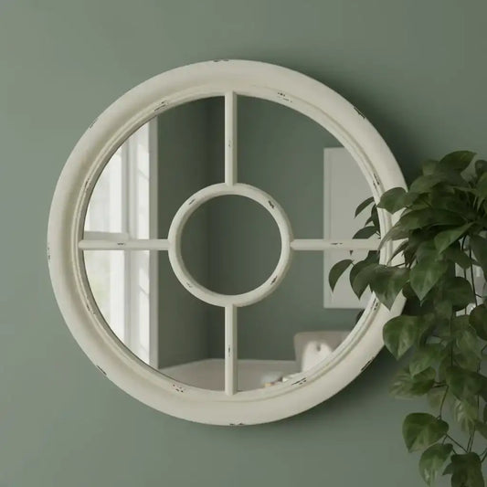 Round decorative mirror with a white frame on a green wall