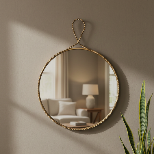 Round Gold Beaded Wall Mirror with Decorative Loop Top