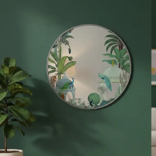 Decorative mirror with a tropical garden design featuring peacocks and foliage.