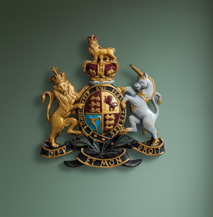 Coat of arms with lions, unicorn, and crown on a green background