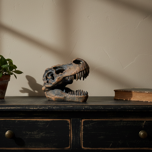 Dinosaur skeleton model on a wooden surface with a plant and book in the background