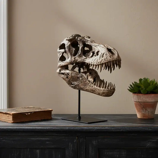 Dinosaur skull on a stand with a book and plant in the background