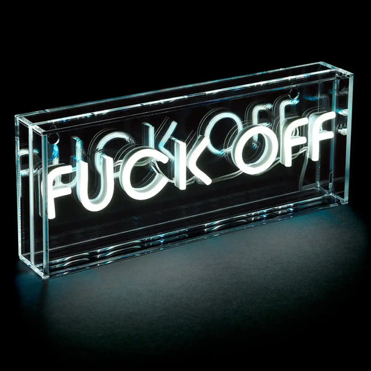 Neon sign with the word 'FUCK OFF' inside a clear acrylic box on a black background