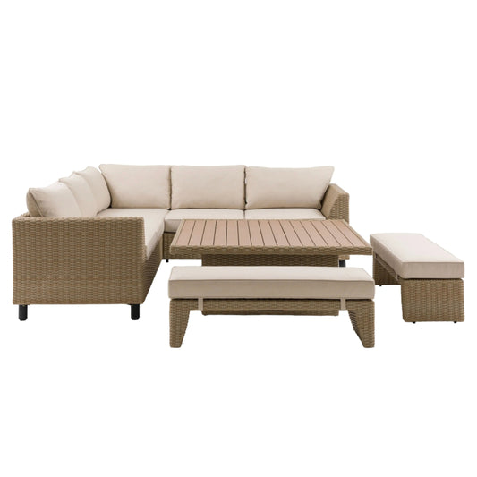 Outdoor furniture set with a sectional sofa, table, and ottomans on a white background
