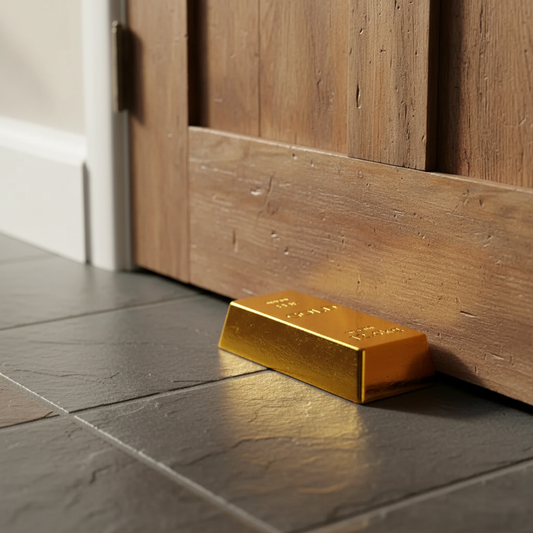 Gold bar on a tiled floor next to wooden paneling
