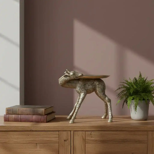 Gold deer-shaped side table on a wooden surface with a brick wall background