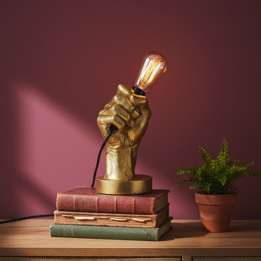 Gold fist lamp with an exposed bulb on stacked books against a purple wall.