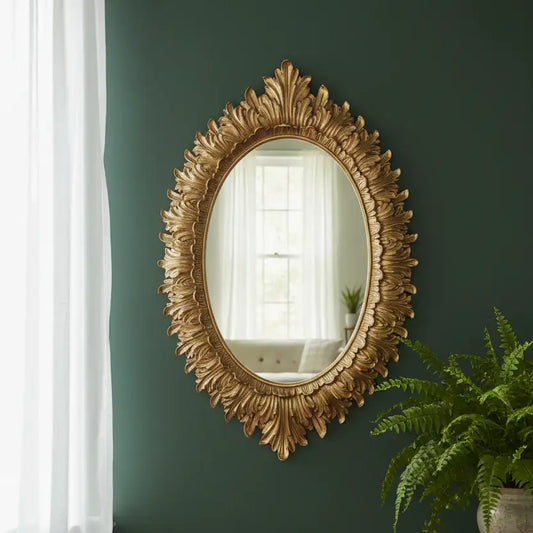 Decorative gold mirror on a green wall with a plant in the corner