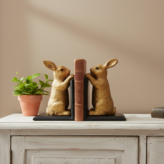 Two rabbit-shaped bookends on a wooden surface with a plant in the background.
