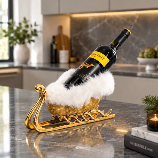 Wine bottle on a decorative gold stand with a white background