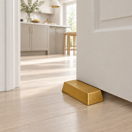 A polished gold door stopper shaped like a gold bar resting on a light wood floor in a doorway, with a modern kitchen visible in the background.