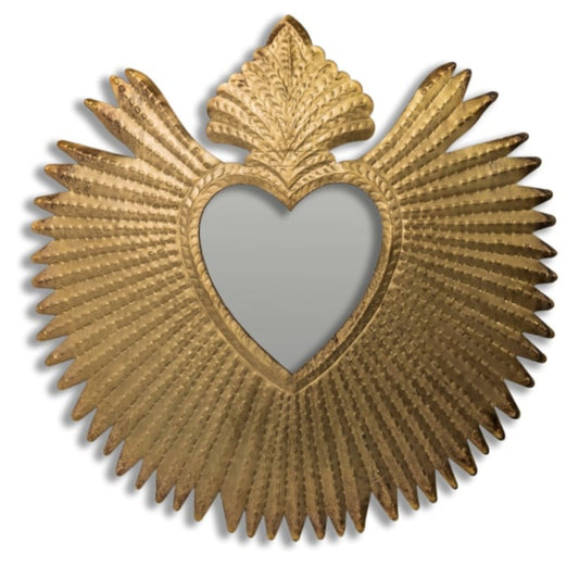 Decorative wall mirror with gold leaf design and heart center on a white background