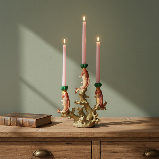 Decorative candle holder with fish design on a wooden surface against a green wall.