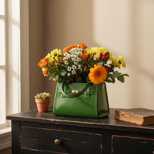 Green handbag filled with flowers on a wooden surface near a window.