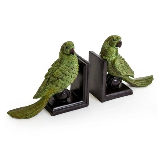 Green parrot bookends on a white background
