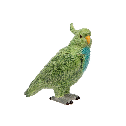 Green parrot figurine on a white background