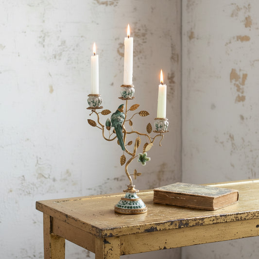 An ornate three-arm candelabra with a gold-toned metal frame, decorative branches, and a green bird figure, shown lit on a distressed wooden table against a textured off-white wall. A vintage book rests beside it.