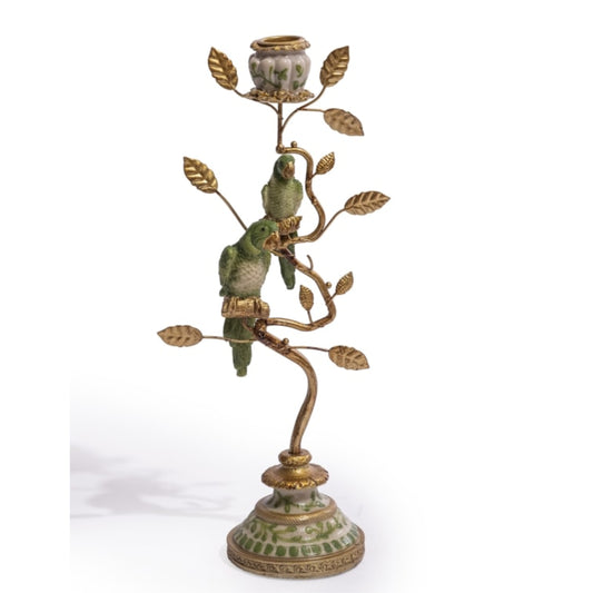 Decorative candle holder with parrot design on a white background