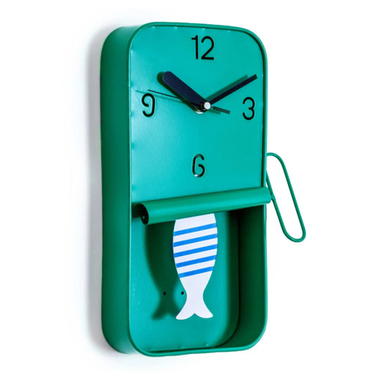 Green wall clock with fish design on a white background