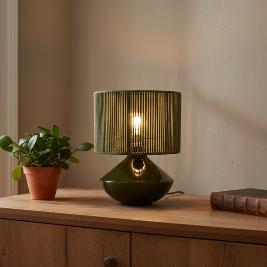 Green table lamp on a wooden surface with a plant and book in the background