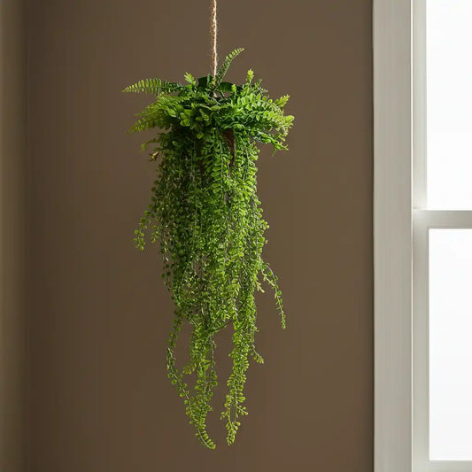 Hanging green fern plant against a brown wall with a window on the right.
