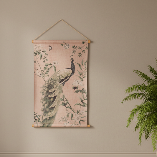 Decorative wall hanging with peacock design on a beige wall.
