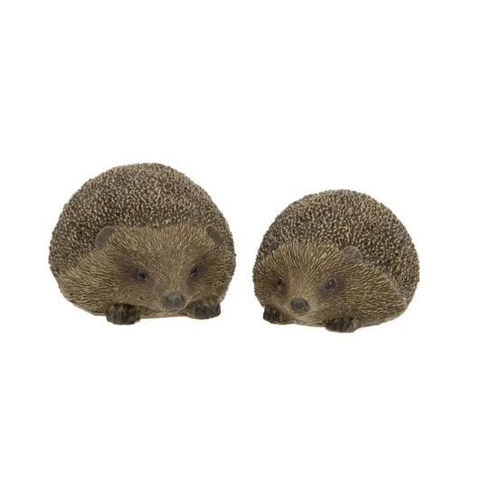 Two hedgehog figurines on a white background