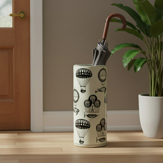 Umbrella in a decorative holder with hot air balloon pattern on a wooden floor.