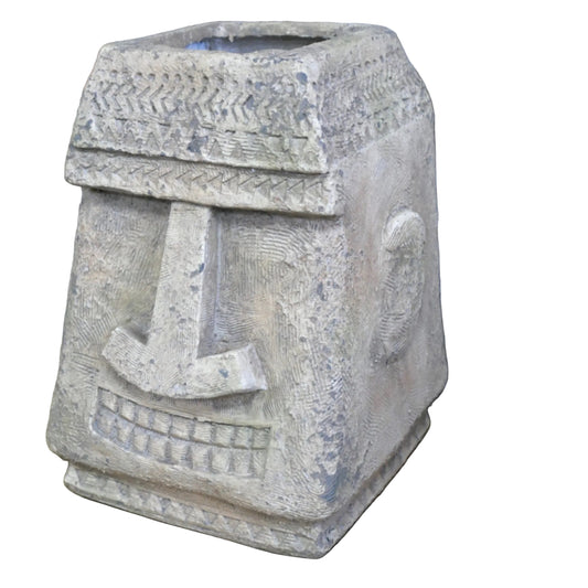 Decorative stone vase with geometric patterns on a white background