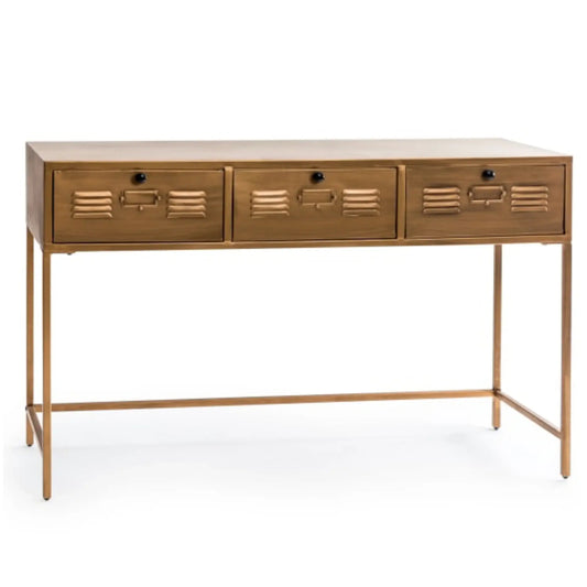 Wooden console table with three drawers on a white background