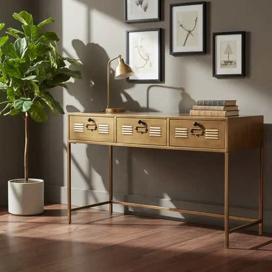 Wooden console table with drawers, lamp, and books in a room with framed pictures on the wall.