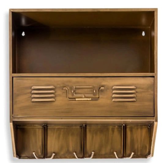 Bronze-colored locker-style shelf with drawers and hooks on a white background