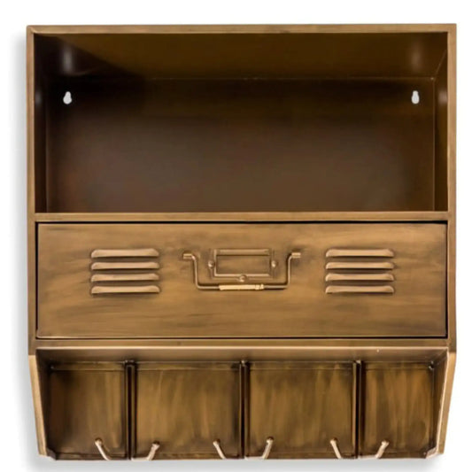 Bronze-colored locker-style shelf with drawers and hooks on a white background