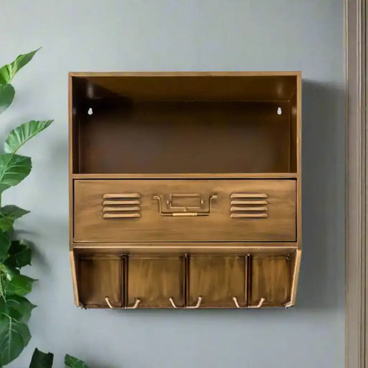 Bronze-colored wall-mounted storage unit with drawers on a white background