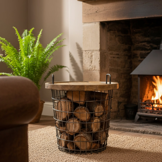 Wooden basket with logs in front of a fireplace