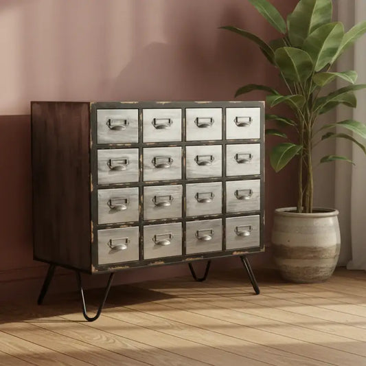 Industrial Distressed 16 Drawer Cabinet