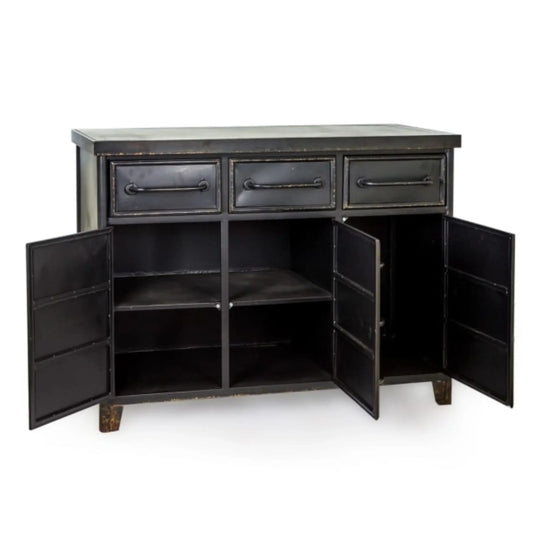 Black wooden sideboard with open doors on a white background