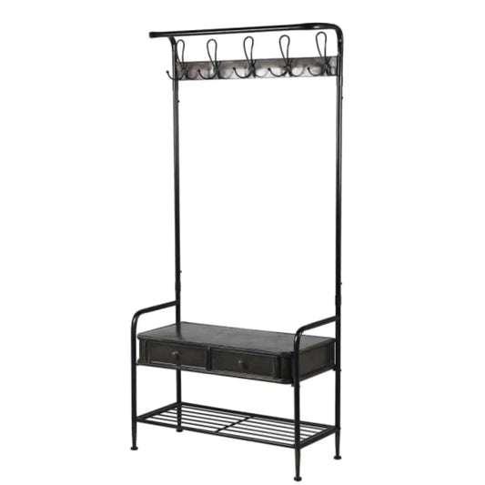 Black metal coat rack with shelves and hooks on a white background