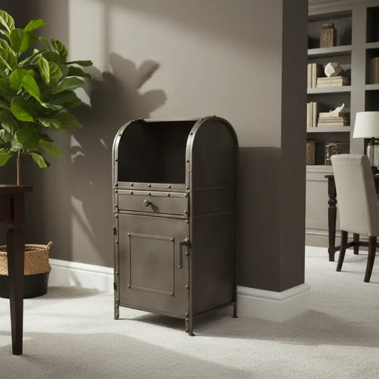 Decorative metal cabinet in a room with a plant and bookshelf.