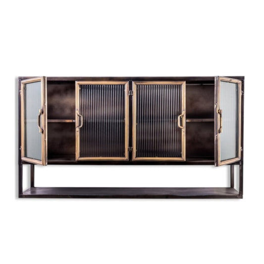A dark wood and brass cabinet with two open doors and two ribbed glass doors, set against a plain white background.