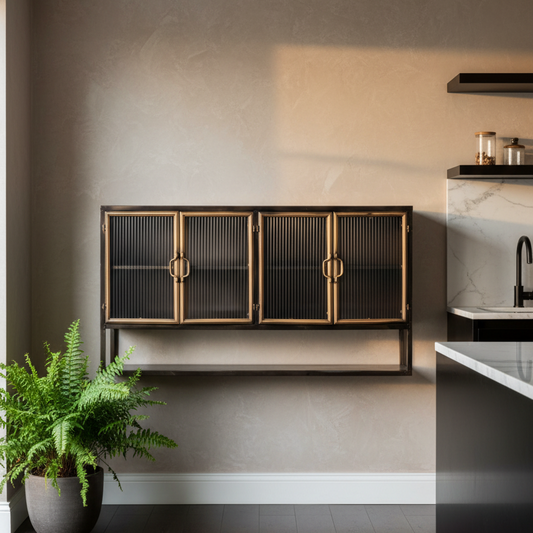 A modern wall-mounted cabinet with three ribbed glass doors and brass-toned handles, shown installed on a beige wall in a styled interior with a potted fern and kitchen elements nearby.