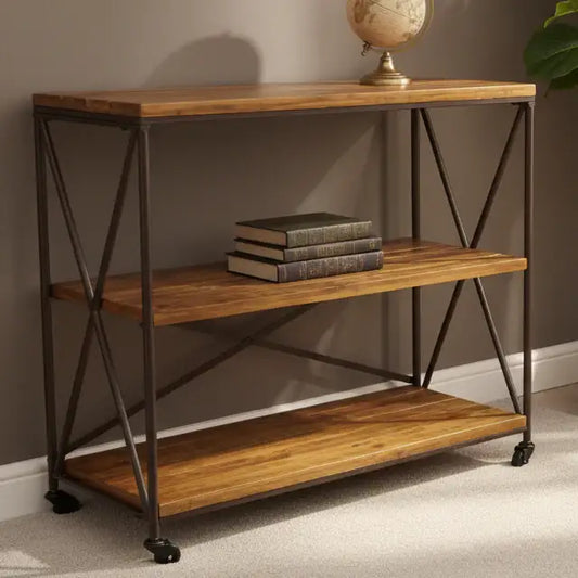 Wooden shelf with metal legs against a wall, featuring books and a globe.