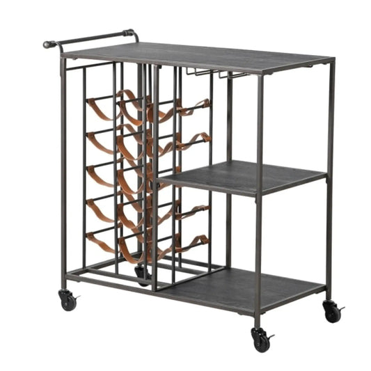 Bar cart with wine rack and shelves on a white background