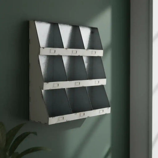 Wall-mounted metal shelf with geometric design on a green wall