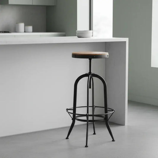 Bar stool with wooden seat and metal frame in a modern kitchen setting