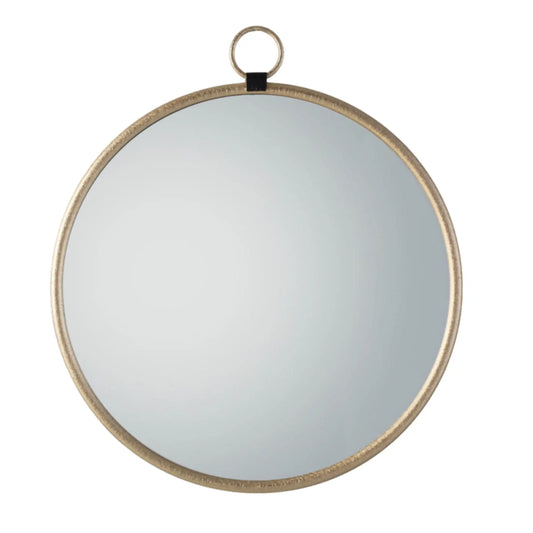 Round mirror with gold frame and black hook on a white background