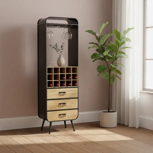 Tall black and wood cabinet with glass shelves in a room with a plant and window.