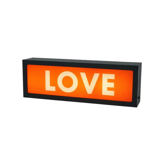 Rectangular light box with 'LOVE' text on an orange background